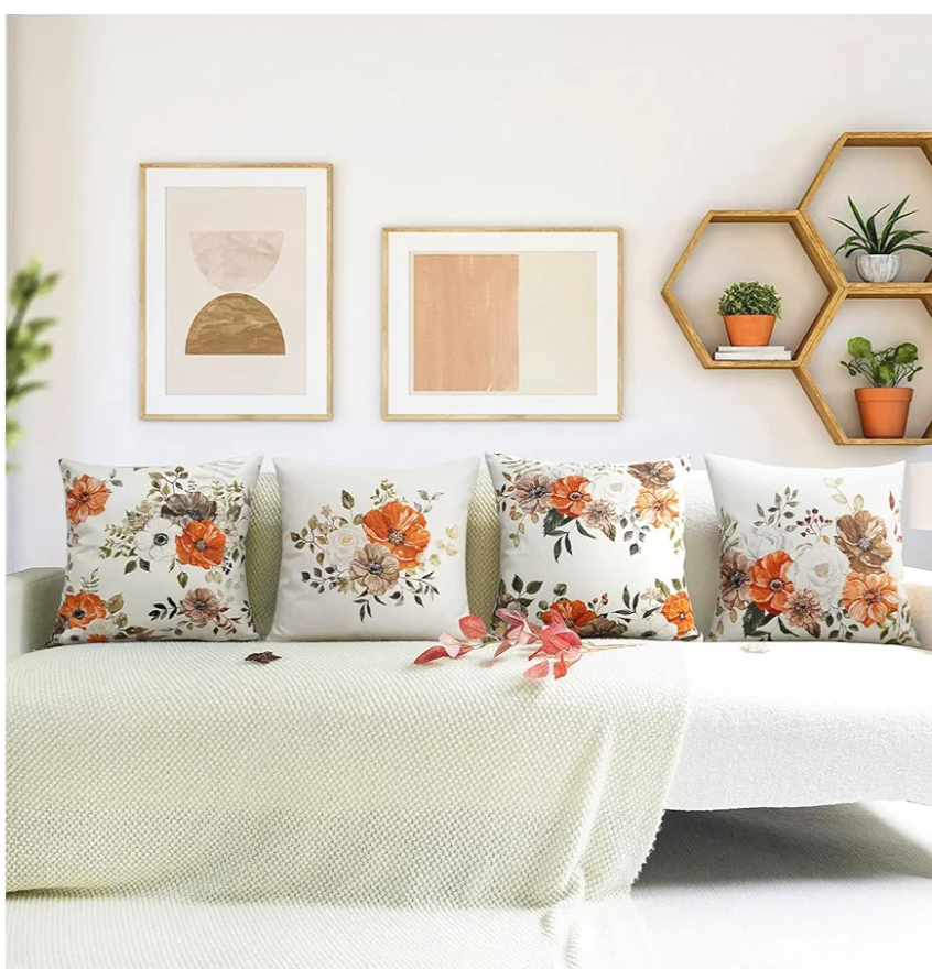 Merrycolor Farmhouse Flower Decorative Throw Pillow Covers 18X18 Inch Set of 4 Autumn Orange Fall Floral Leaves Pillow Covers Linen Cushion Case Fall Decor for Home Sofa Bed