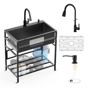 Black 30x18 Inch Freestanding Utility Sink-Stainless Steel Laundry Sink Practicality With Accessories Black Stainless Faucet,Soap Dispenser, SS Sink Grid For Laundry,Garage,Outdoor Kitchen,Garden...