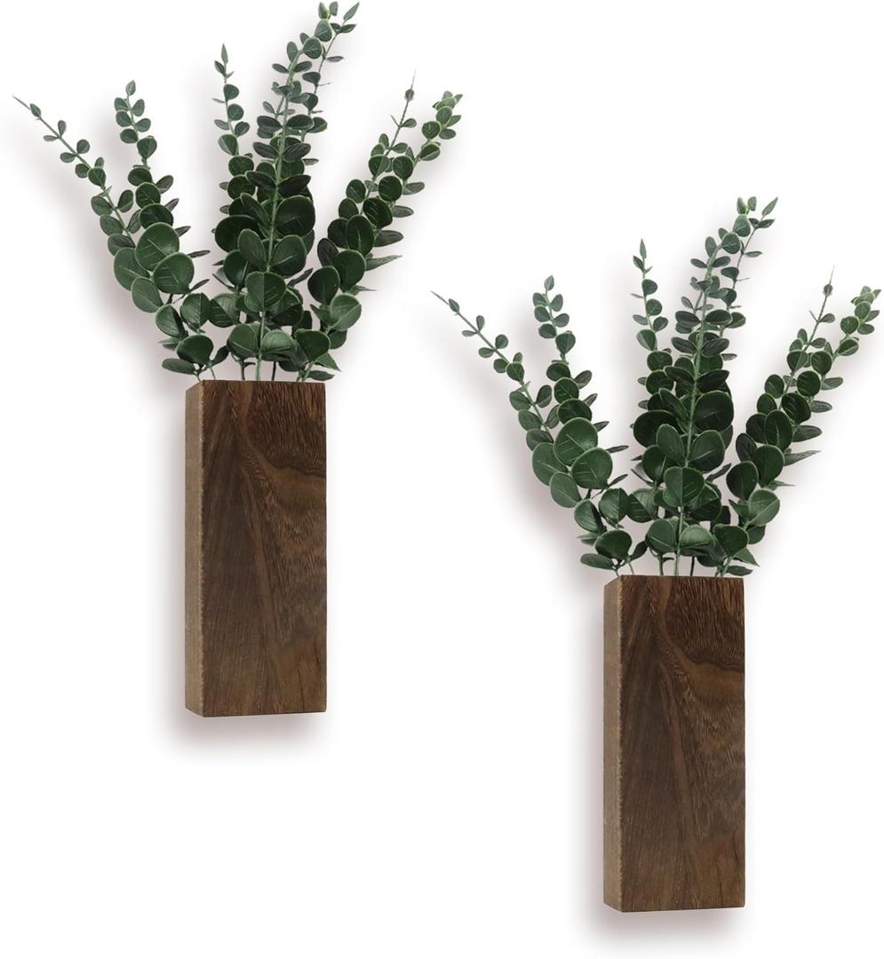2 Pack Wood Wall Planter, Wooden Indoor Hanging Planters with Artificial Eucalyptus, Wall Plant Vase for Dried Flower, Modern Farmhouse Greenery Wall Decor for Living Room, Bedroom (Brown)