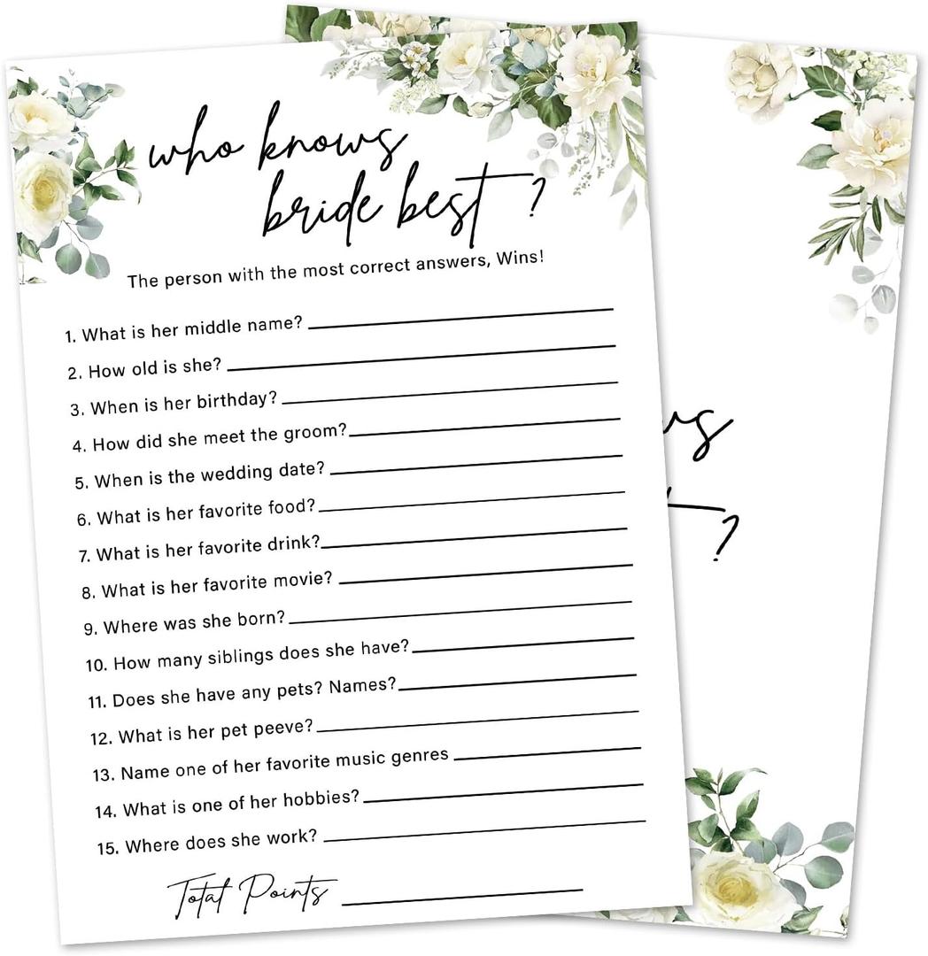 2 x Eucalyptus Bridal Shower Games 30 Guests, Who Knows Bride Best Bridal Games for Showers, White Rose Wedding Engagement Party Activity Party Supplies/Green-11