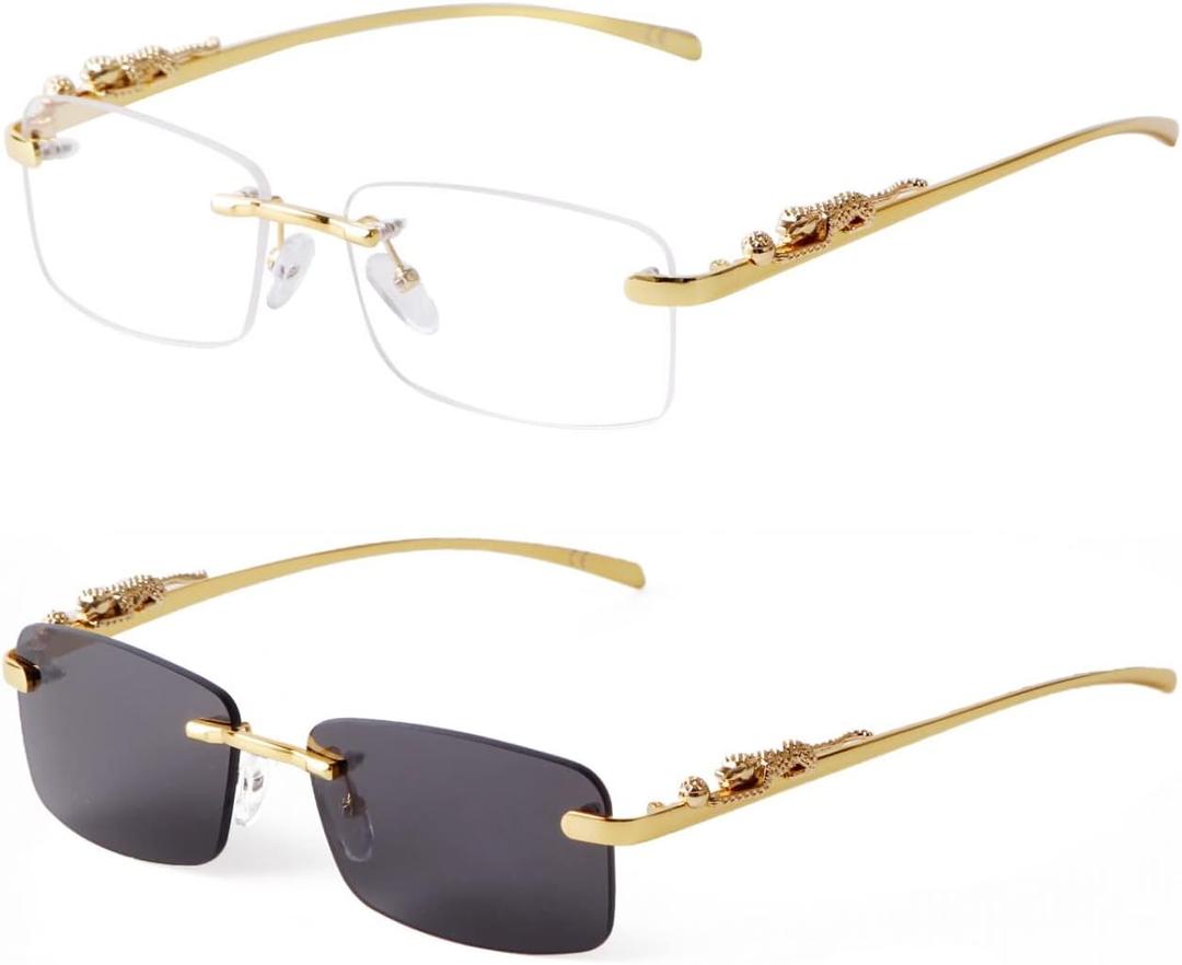 ADE WU Vintage Rimless Sunglasses Retro Luxury Gold Metal Frameless Rectangle Colored Lens Sun Glasses (2 Pack: Clear & Grey)