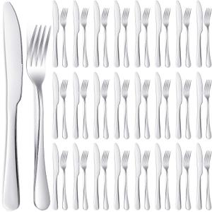 Nuenen 50 Pieces Stainless Steel Forks Silverware Set Dinner Forks and Knives Flatware Tableware Cutlery Set for Kitchen Restaurant(8.07 x 0.94 Inch, 9.06 x 0.79 Inch,Shiny Silver)