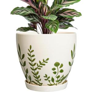 6.8 Inch Plant Pot - Ceramic Planter for Indoor Plants, Flower Pot with Drainage Hole and Saucer, Decorative Boho Round Outdoor Planter, Housewarming Gifts, Garden Room Decor, White