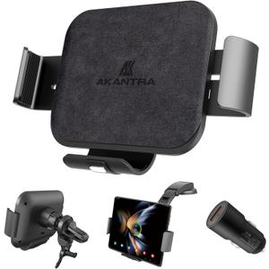 Akantra Alcantara 15W Dual Coil Qi Wireless Car Charger Mount Holder Compatible for Samsung Galaxy Z Fold7 Fold6 Fold5 Fold4 Fold3 S25 Ultra iPhone 16 Pro Max Auto Clamp Fast Car Charger