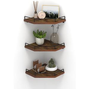 HORLIMER Floating Corner Shelf Wall Mount, 3 Pack Rustic Wood Corner Wall Shelves with Fence for Bedroom, Bathroom, Kitchen, Living Room, Brown (Diamond)