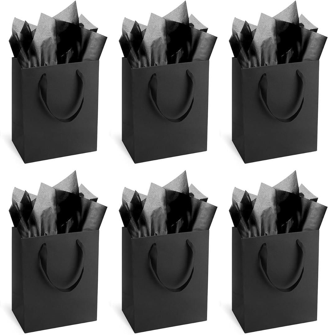 Black Gift Bags With Handles and Tissue Paper 6 Pcs, 8x5x10 Inch Sturdy Kraft Paper Gift Bags, Bulk for Wedding, Party, Birthday, Business and Shopping, Medium Size