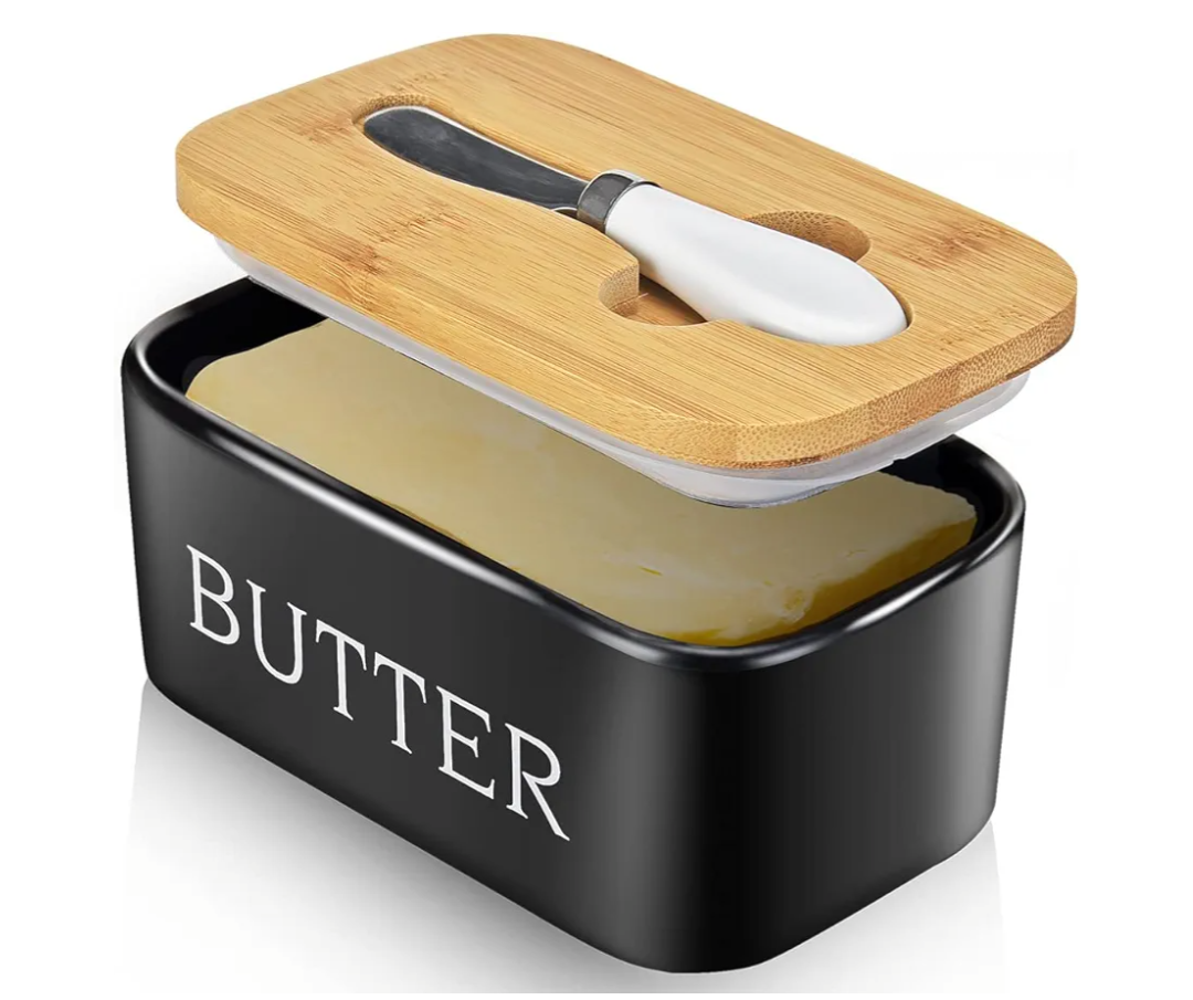 Butter Dish with Lid: Large Butter Dish for Countertop - Ceramic Butter Keeper Container with Knife and High Quality - Silicone Sealing Butter Box for Home Decor Good Kitchen Gift Black