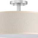 3 Light 15" Off White Fabric Brushed Nickel Farmhouse Semi Flush Mount Light