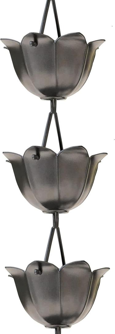 Monarch Rain Chains Aluminum Large Lotus Rain Chain, 8.5 ft Pewter Powder Coated Aluminum Decorative Rain Catcher Chain for Gutters, Pewter Aluminum Rain Gutter Replacement Downspout