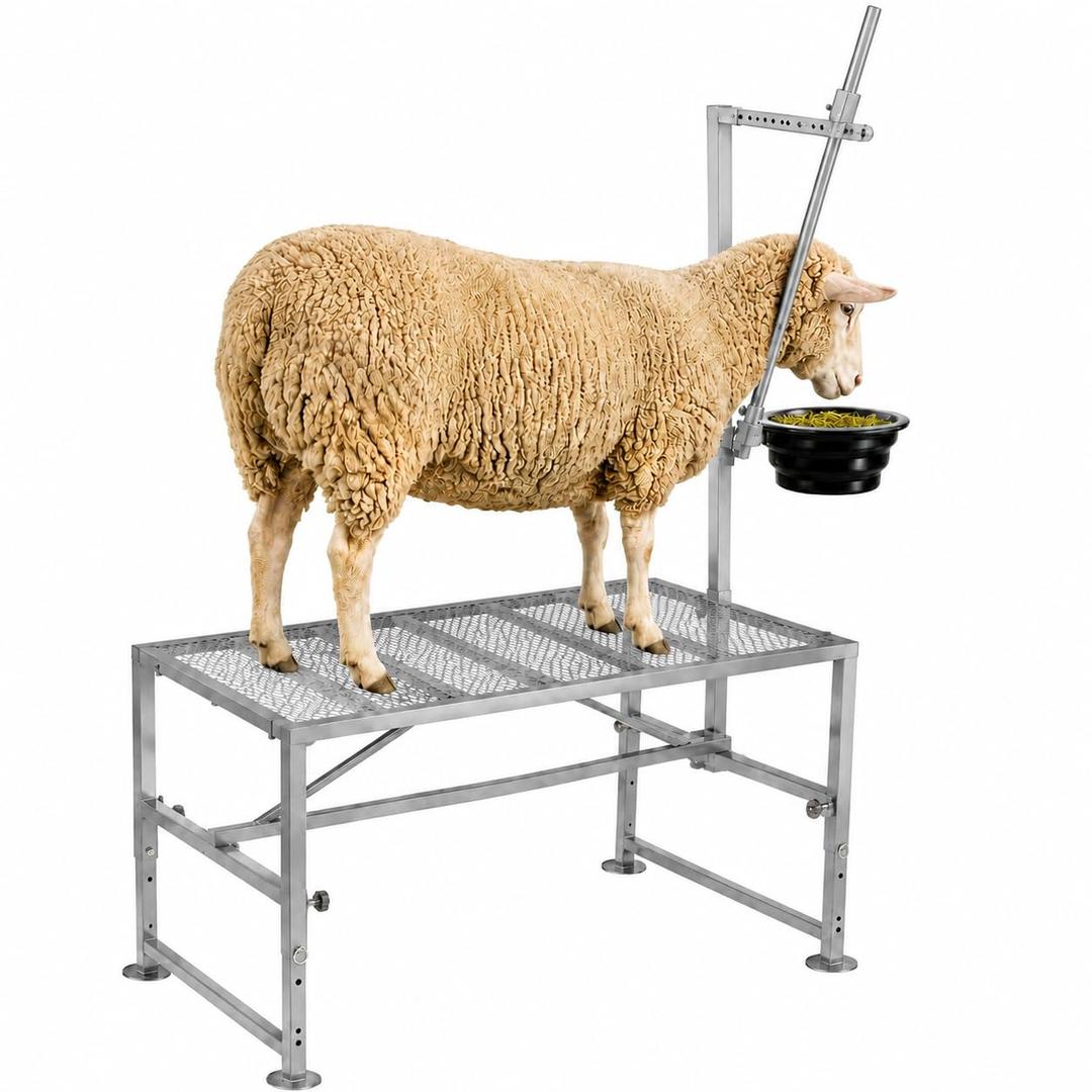 600lbs Goat Milking Stand with Adjustable Headpiece & Legs, Goat Stand with Removable Feeder, Sheep Stand for Shearing, Heavy-Duty Steel Platform for Grooming, Hoof Trimming (Silver, L-47 * 23Inch)