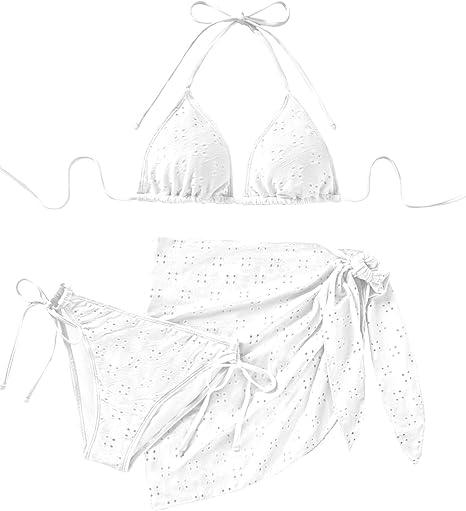 Women 3 Piece Swimsuits - Halter Triangle Bikini Sets with Cover Up Sexy String Tie Side Bathing Suits (XL)