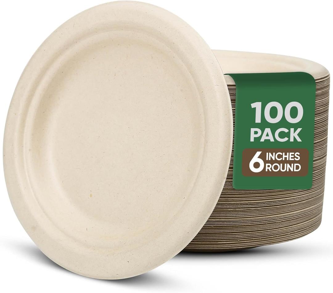 Paper Plates 6 Inches, 100 Pack Disposable Plates  100% Compostable Plates, Water & Oil Proof Dessert Plates, Microwavable Small Paper Plates, Perfect Paper Plate For Party - Brown