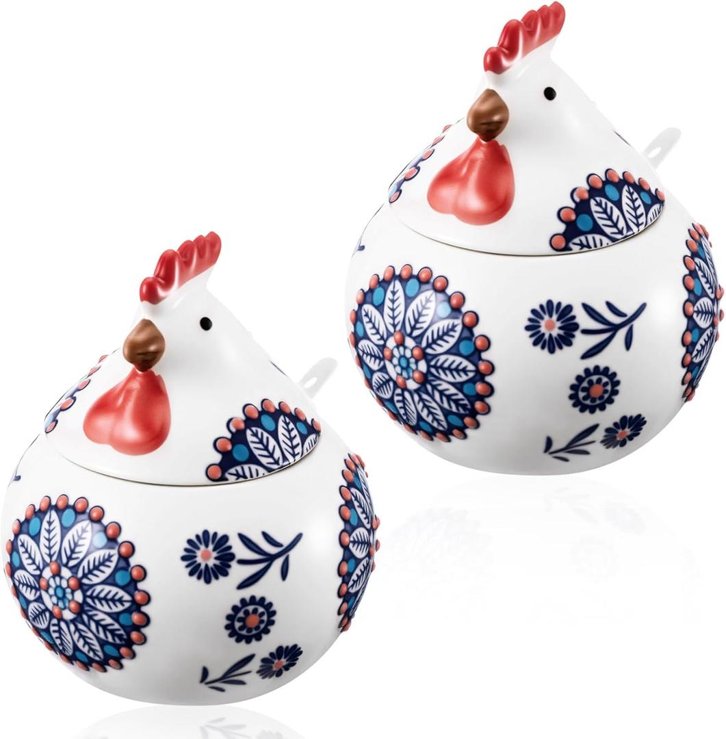 LemonRoad 2 Pcs Ceramic Salt Cellar with Lid and Spoon, 13oz Large Chicken Rooster Cookie Jar Salt Containers Holder for Countertop Spices, Ideal for Adding Charm to Kitchen Christmas Decor(Blue)