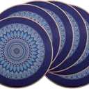 PIGCHCY Round Boho Placemats Set of 6, Rubber Heat Resistant Table Mats, Waterproof Washable Placemat for Dining Table Decoration (Deep Blue)