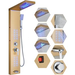 Shower Panel Contemporary Shower Tower with LED Shower Head System Full Body Shower Jets Wall Mounted Shower Panels Stainless Steel Shower Faucet Set Brushed Gold