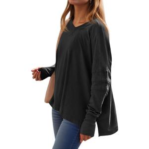 Tankaneo Womens Oversized Long Sleeve Shirts V Neck Tshirts Casual Loose Fit Tunic Tops for Leggings with Thumb Holes (X-Large, Black)