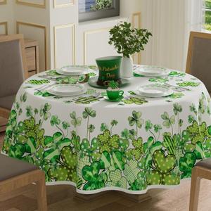 XCHI Watercolor Dots Green Shamrocks Clovers St. Patrick's Day Tablecloth Round Table Cloth Washable Table Covers for Indoor Dining Home Party Decorations 60x60 Inch
