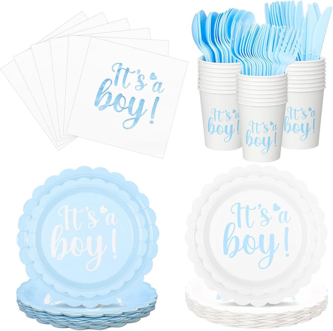 Qinyoung 218 Pcs Baby Shower Plates and Napkin Set Serve 24 Baby Boy Shower Decorations Set Includes Blue Boy Paper Plates Napkins Cups Cutlery for Gender Reveal Birthday Party