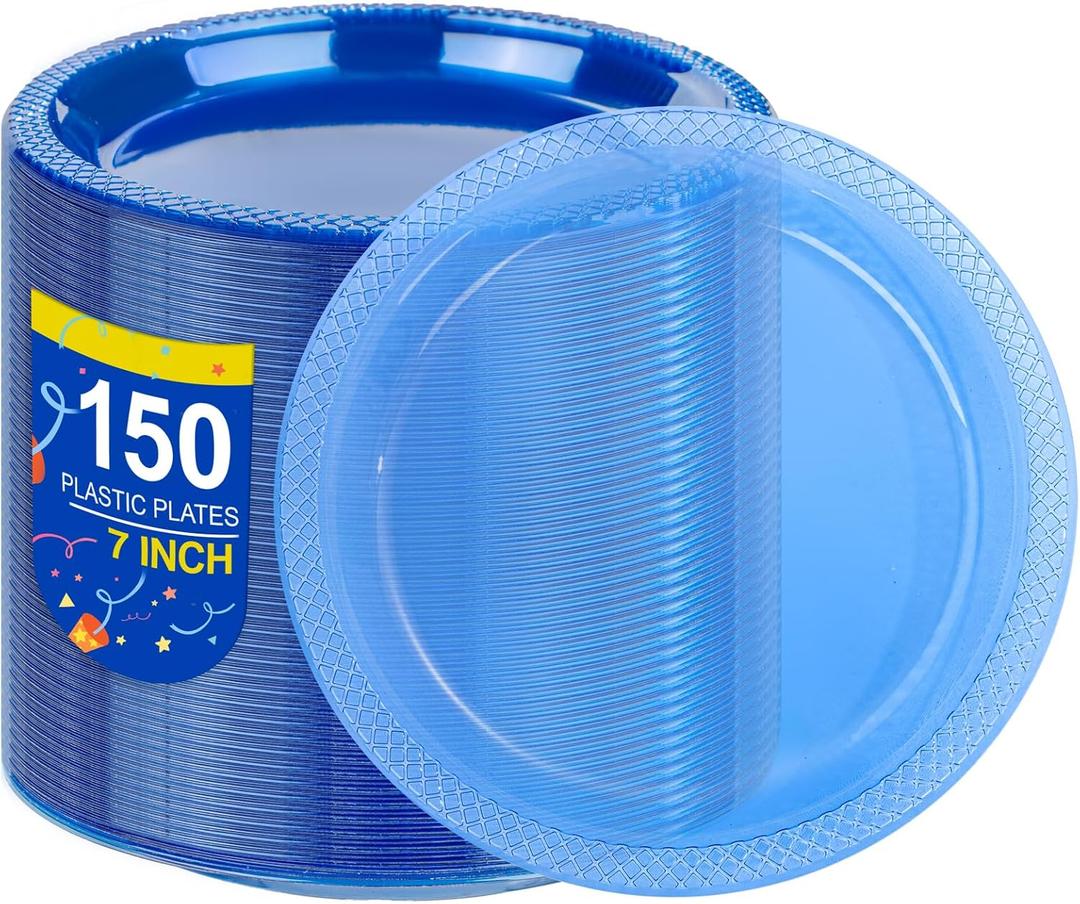 WELLIFE Neon Blue Party Plates 7 Inch -150 Count, Translucent Blue Disposable Plastic Dessert Plates for Neon Party Dessert Cake Appetizer Baby Shower