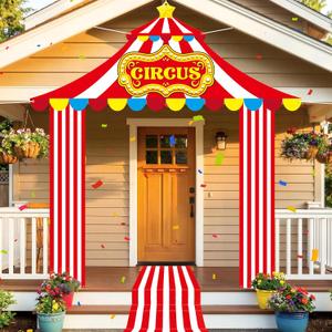 4 Pcs Carnival Circus Tent Decorations Set – Circus Theme Party Decorations with Awning, 2 Porch Sign Banners & Striped Aisle Runner for Carnival Theme Birthday Celebration