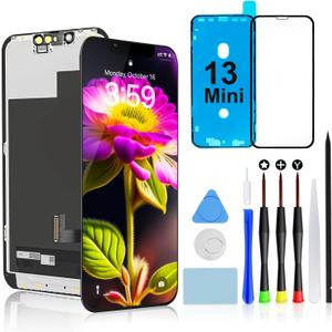 Brinonac for iPhone 13 Mini Screen Replacement Kit, 5.4" Full HD Retina LCD Display COF Touch Screen Digitizer Assembly Set with Repair Tools, Waterproof Adhesive, Tempered Glass