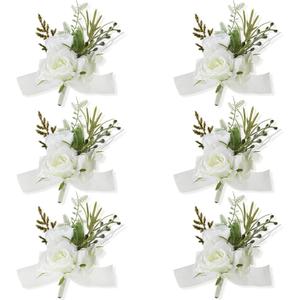 Boutonniere for Men Wedding, Set of 6, Elegant Artificial White Rose Boutonniere for Wedding Prom Homecoming Party, Perfect Accessories for Groom Best Man