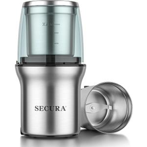 Secura Electric Coffee Grinder and Spice Grinder with Stainless Steel Blades, 1 Removable Bowl, Stainless