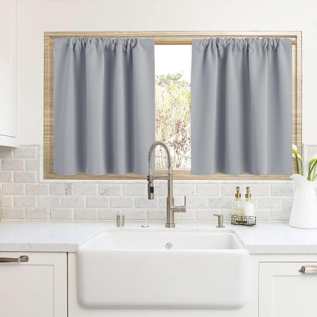 RYB HOME Blackout Curtains for Kitchen, Over Sink Privacy Curtains Window Decor, Thermal Insulating Drapes for Bathroom Cafe Bedroom Small Window, W 42 x L 24 inch, Silver Grey, 2 Panels