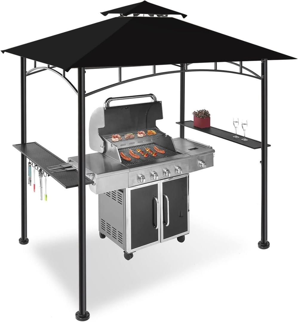 FAB BASED 5x8 Grill Gazebo, All-Weather Steel Construction, Double Tiered & Resistance Canopy Roof, Metal Serving Shelves, 2 LED and Bottle Opener for Patio, Backyard, BBQ (Black)