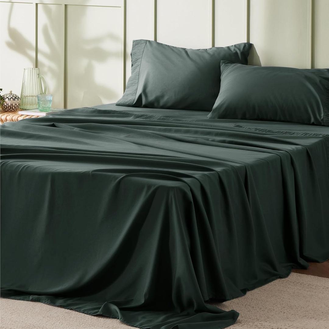 Bedsure Queen Sheet Set - 4 Pieces Soft Queen Size Sheets - Breathable & Cooling - Hotel Luxury - Easy Care Polyester Microfiber Bedding for Kids, Women, Men, Forest Green