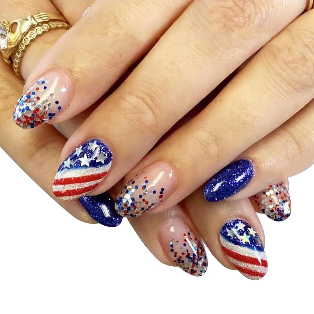 24Pcs 4th of July Press on Nails Short Almond Fake Nails Red White Blue Line with Star Design Full Cover Patriotic Nails Glitter Stick on Nails Independence Day False Nails for Women Acrylic Nails