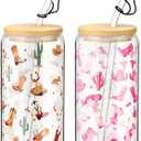 Baderke 2 Sets Western Cowgirl Beer Can 16 oz Drinking Cups with Bamboo Lid Glass Straw and Cleaning Brush Cowboy Boots Iced Coffee Cup Reusable Tumbler for Party Favors Gifts(Clear)