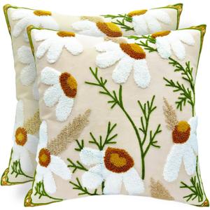 Alysheer Floral Embroidered Fall Decorative Throw Pillow Covers 18"x 18" Set of 2, Farmhouse Daisy Flowers Patterned Canvas Cushion Cases for Couch Bed Living Room Decor