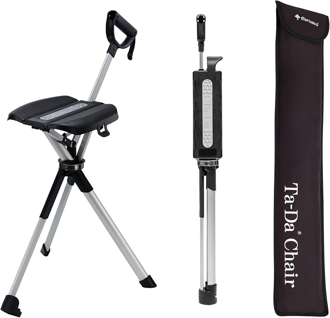 STEP2GOLD Ta-Da Chair Series 2- Portable Walking Stick, Cane with Seat, Foldable Chair, Hiking Stick, for Camping, Hiking, Lightweight Aluminum, Easy Carry, Anti-Slip (36.2"/Black)