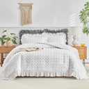 Tufted Dots Ruffle Comforter Set Full/Queen Size, 3 Pieces White Vintage Farmhouse Shabby Chic Comforters, Jacquard Boho Bohemian Bedding Set for All Season (1 Ruffled Comforter+ 2 Pillow Shams)