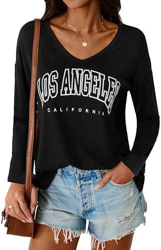 LilyCoco Womens Oversized Long Sleeve Shirt Graphic V Neck T Shirts Black X-Large and Large 2 Pack
