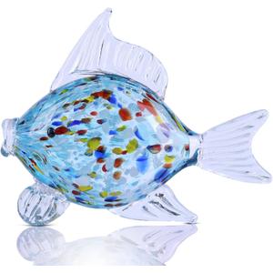 Large Glass Fish Figurine for Home Decor, Hand Blown Art Glass Ocean Animal Statue, Decorative Coastal and Beach Themed Sculpture for Table, Shelf, Bathroom, Living Room or Office (Blue)