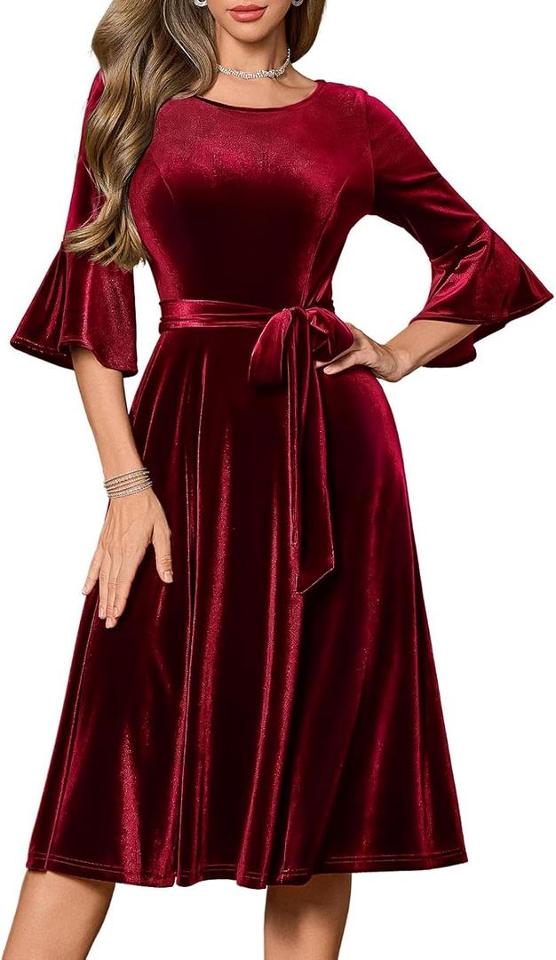 HomRain Women's Long Sleeve Velvet Midi Dresses for Wedding Guest Church Formal Winter Christmas Cocktail Party (Medium)