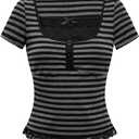 Verdusa Women's Y2K Striped Bow Lace T Shirts Button Front Square Neck Short Sleeve Fitted Tops (Black, S)