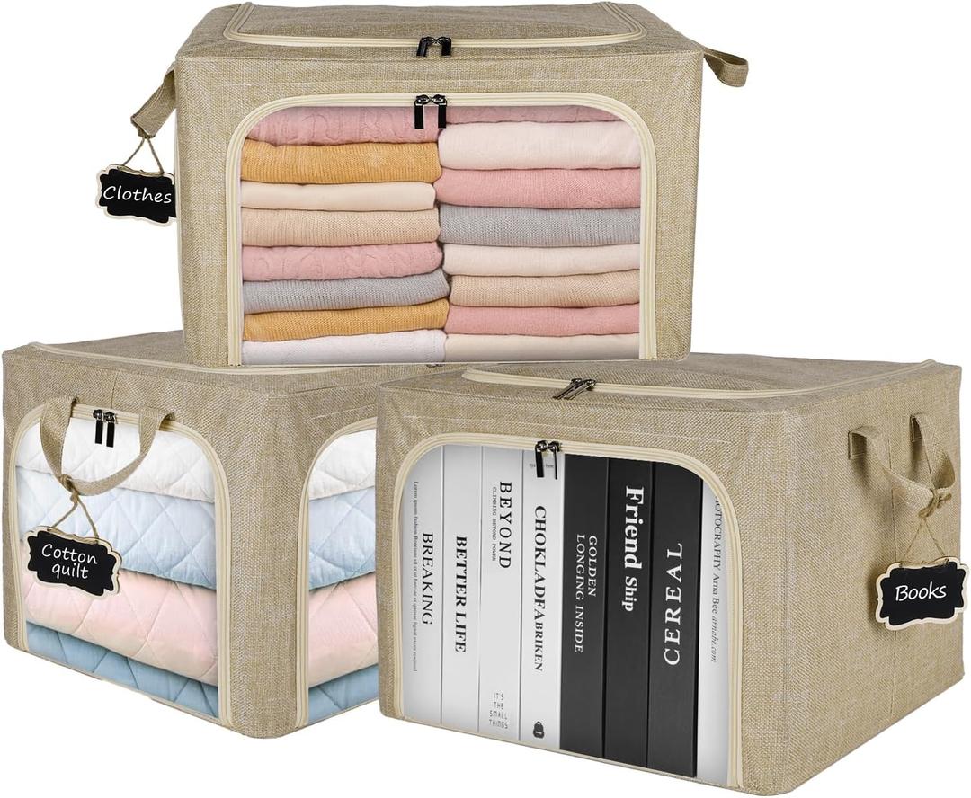 3 Pack Closet Organizers and Storage, Foldable Blanket Storage Bags, 3 Openings Clothes Organizer with Clear Windows, Metal Frame & Durable Handles & Zippers for Organizing (Beige 40L)