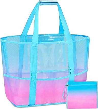 Nidoul Mesh Tote Bag with Zipper Pocket, Packable Large Beach Bags for Women Kids Vacation Travel Pool Swim