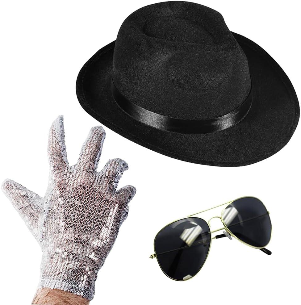 Funny Party Hats Michael Jackson Costume - Set of 3 - Fedora Hat, Sequin Glove, and Sunglasses (Fedora, Black, One Size)