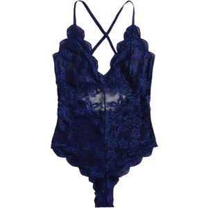 SOLY HUX Women's Floral Lace Scalloped Trim Criss Cross Back Lingerie Teddy Bodysuit L