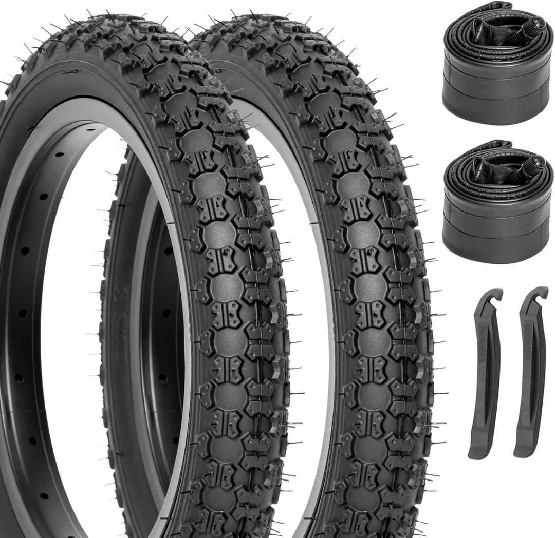 Hycline Kids Bike Replacement Tires Set2-Pack 14x2.125 Inch Premium Butyl Rubber Puncture-Resistant Folding Bicycle Tires and 2 Pcs Bike Tubes Schrader Valve with Tire Levers for BMX MTB