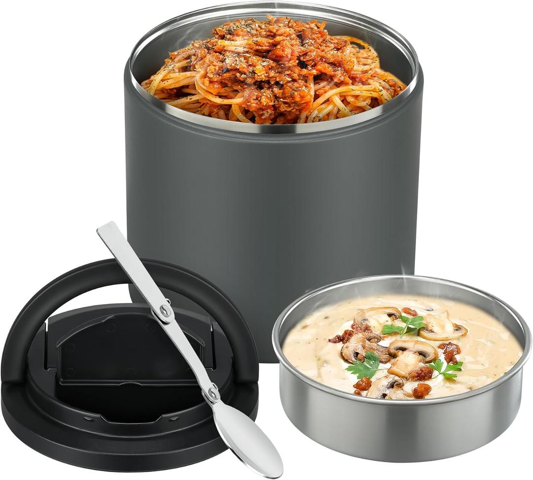 40oz Insulated Food Jar-Say Goodbye to Spills&Cold Meals|Ultimate Airtight Leak-Proof Lid Thermo for Hot Food, Wide Mouth Soup Thermos Lunch Box Container Adults|Stainless Steel with Folding Spoon (Grey)