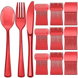 Minatee 150 Pieces Disposable Cutlery Set Plastic Silverware Heavy Duty Utensil Sets 50 Forks 50 Knives 50 Spoons for Home Office School Party Picnics Restaurant Outdoor Events(Red)