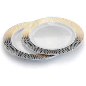 " OCCASIONS" 40 PACK, Extra Heavyweight Disposable Wedding Party Plastic Plates/Chargers/Serving Tray (Extra Large Dinner Plate/Charger, Celebration White/Gold) …