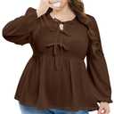 AlvaQ Plus Size Babydoll Tops for Women Dressy Tendy Long Sleeve Crewneck Bow Tie Front Peplum Blouse Shirts,Coffee 1X