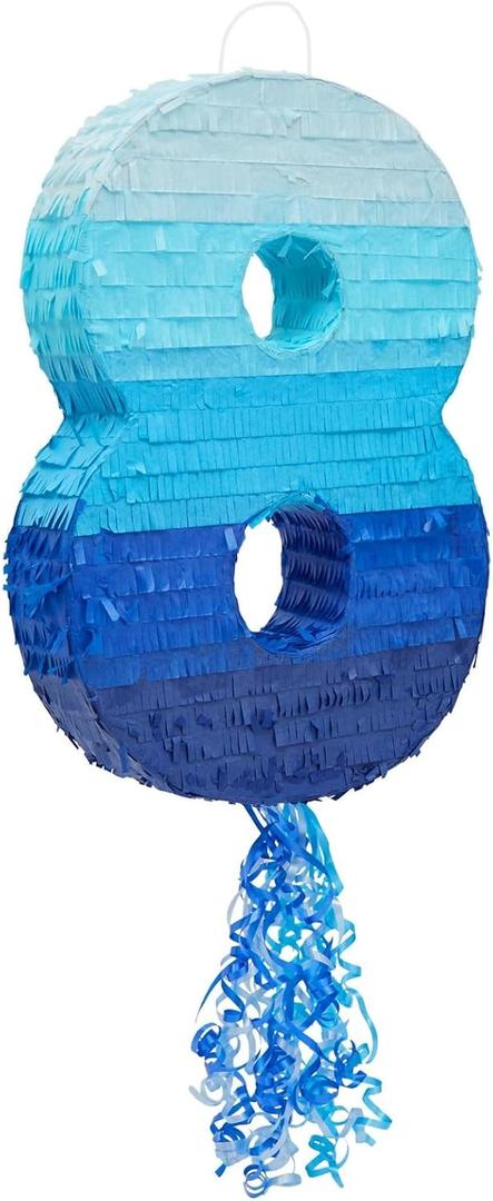 BLUE PANDA Ombre Blue Number 8 Pull String Pinata, Party Game for Kids Ages 3-14, Fillable Hanging Decoration for Birthday Decorations, Holds Candy, Toys & Confetti (16.5 x 11 x 3)