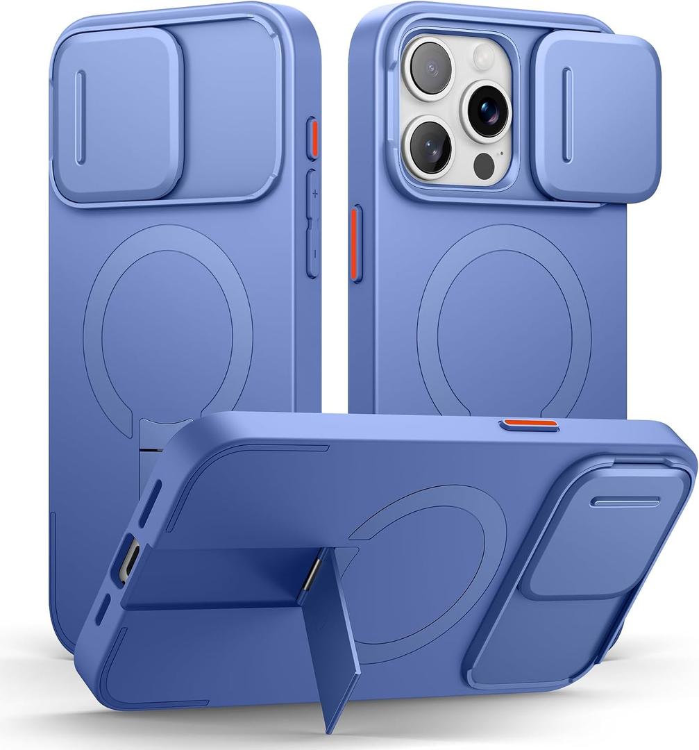 SURITCH for iPhone 15 Pro Max Case with Magnetic Camera Slide Cover and Adjustable Kickstand, Compatible with MagSafe, Shockproof Bumper Case Slim Protective Cover 6.7 Inch, Starlight Blue